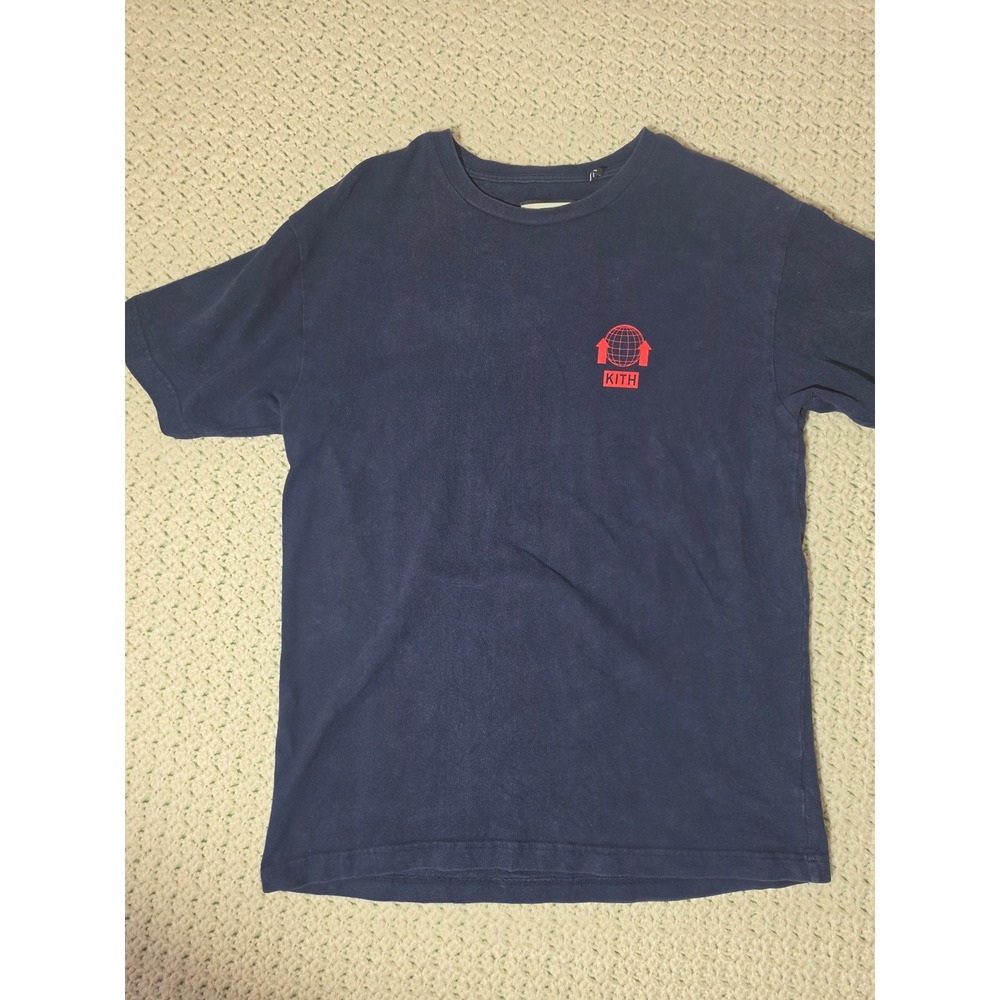 Kith Graphic T-Shirt Mens Large Navy Blue Excellent Global Logo Back Print Tee